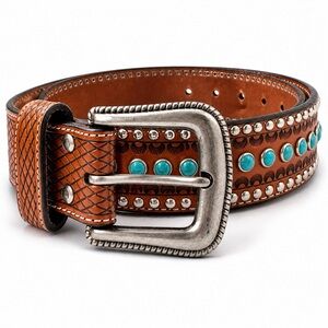 Vintage Nocona Western Leather Belt Brown Turquoise Studded Tooled Size 34
